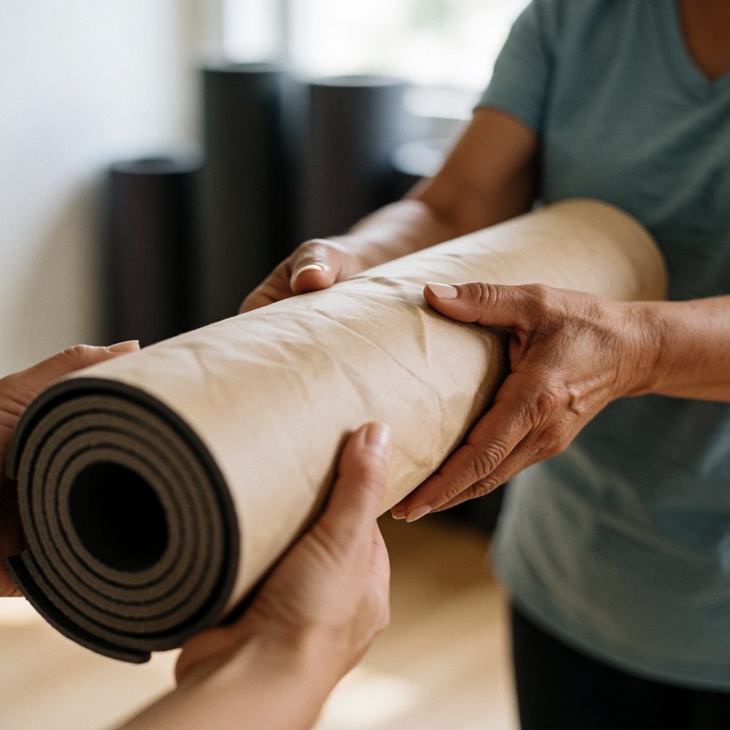 Des mains d'adulte remettent un tapis de yoga enroulé dans un studio avec un arrière-plan flou.