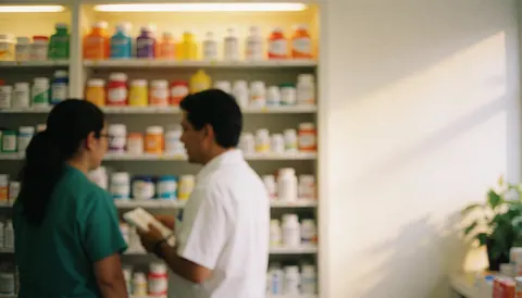 Arrière-plan flou d'une pharmacie avec des étagères remplies de médicaments, éclairage chaleureux et espace vide à droite pour ajouter du texte.