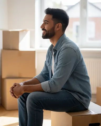 Un homme souriant est assis dans une boîte de déménagement dans sa nouvelle maison, avec d'autres boîtes en arrière-plan, exprimant satisfaction et tranquillité après le déménagement.