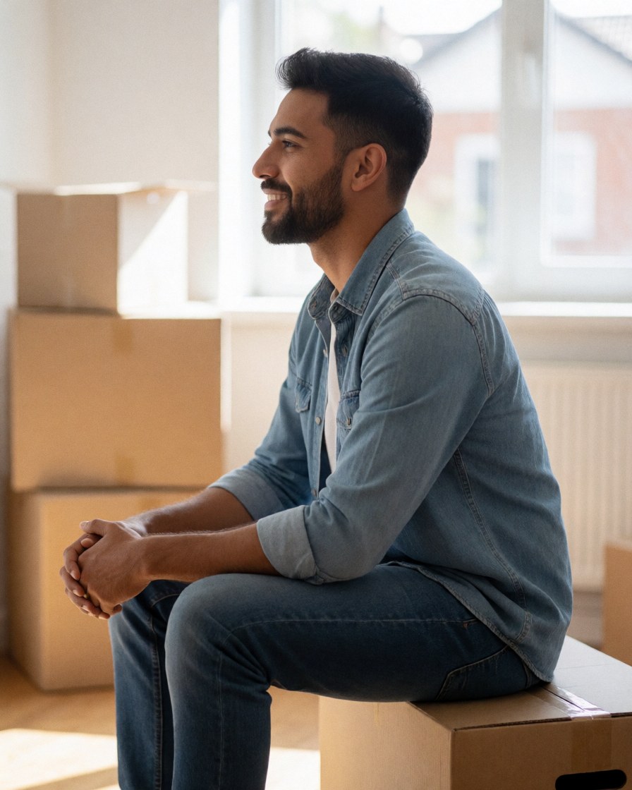 Un homme souriant est assis dans une boîte de déménagement dans sa nouvelle maison, avec d'autres boîtes en arrière-plan, exprimant satisfaction et tranquillité après le déménagement.