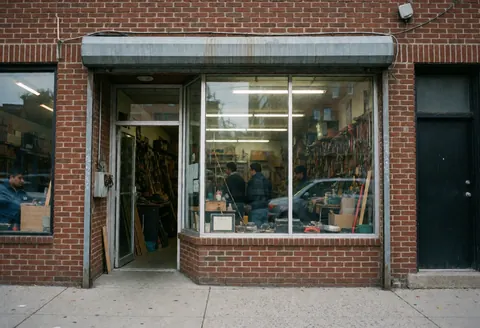 Vue extérieure d'un magasin d'outils présentant une vitrine, un mur de briques et des personnes travaillant à l'intérieur dans un cadre réaliste.