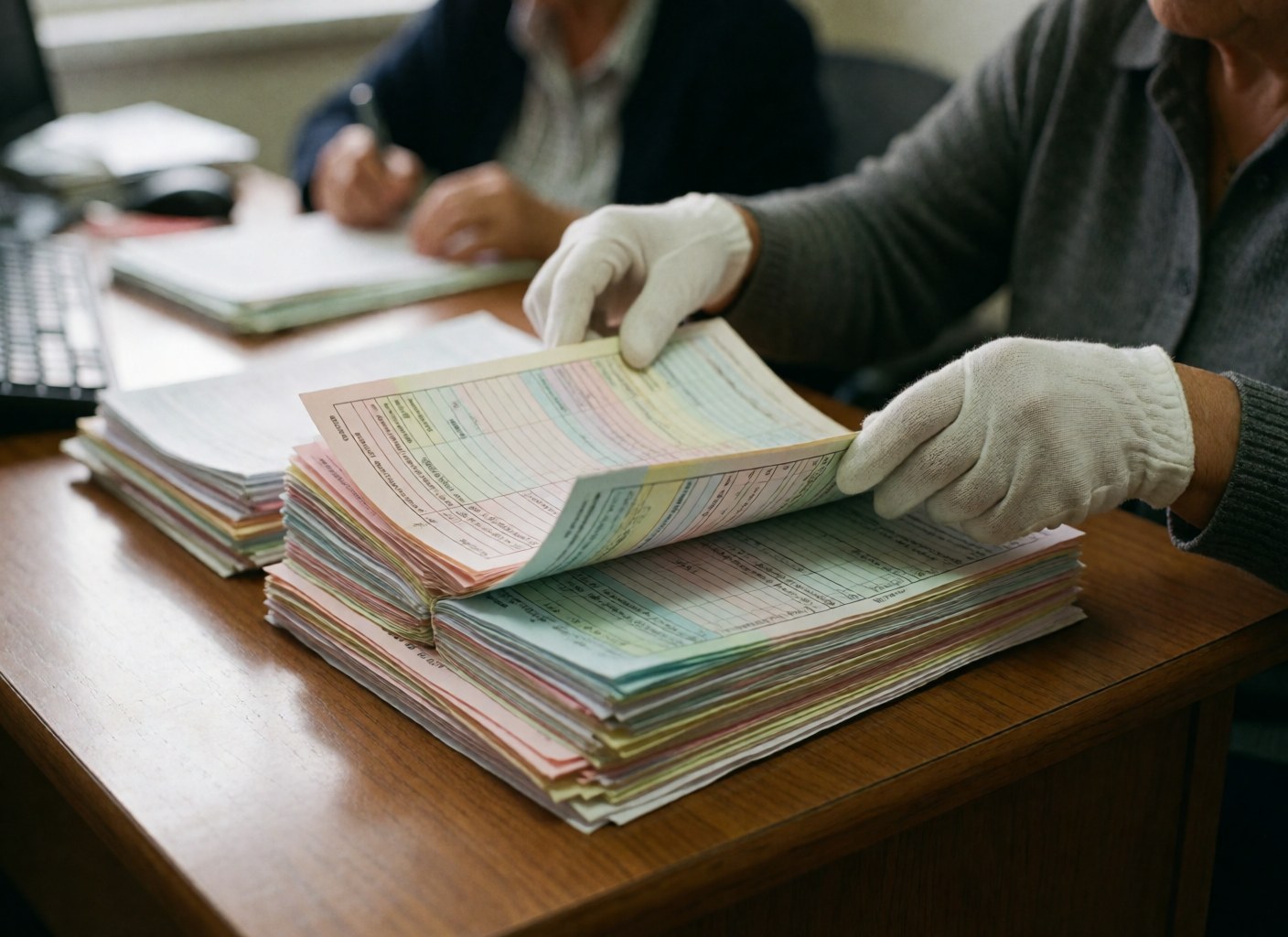 Une femme portant des gants blancs organise et vérifie des documents comptables colorés sur une table en bois poli.