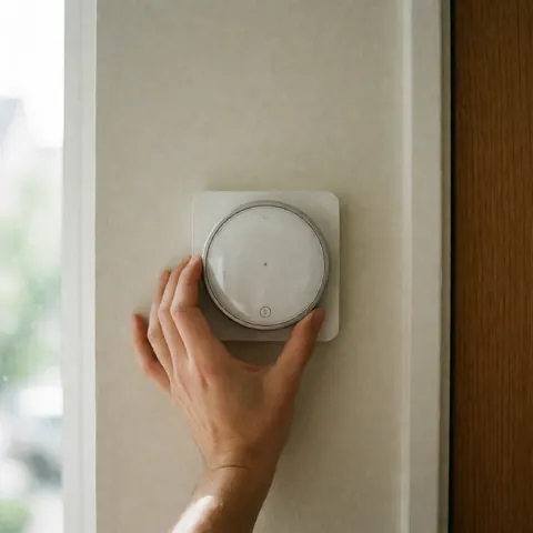 Main posant un thermostat connecté moderne sur un mur beige près d'une fenêtre et d'un encadrement de porte en bois.