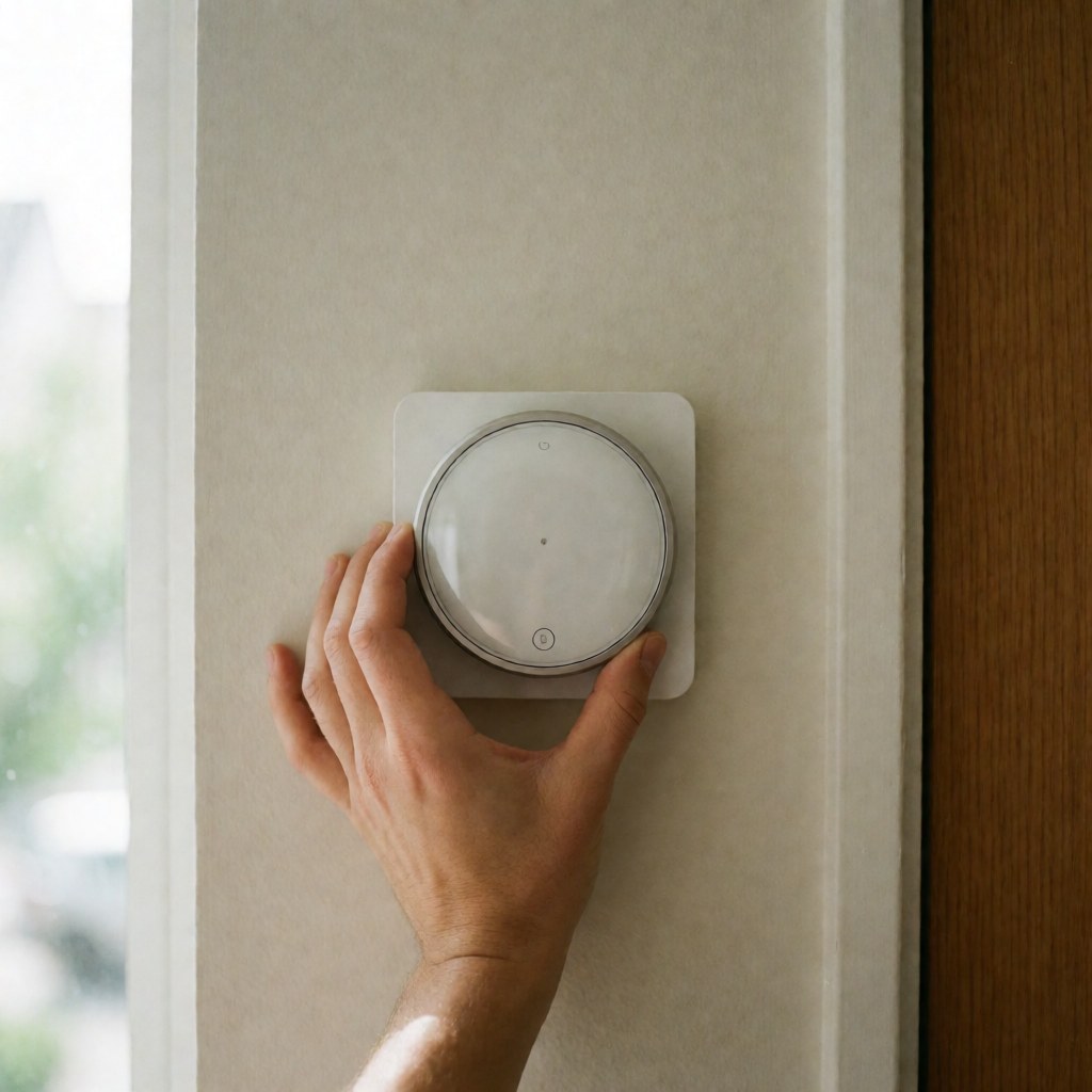 Main posant un thermostat connecté moderne sur un mur beige près d'une fenêtre et d'un encadrement de porte en bois.
