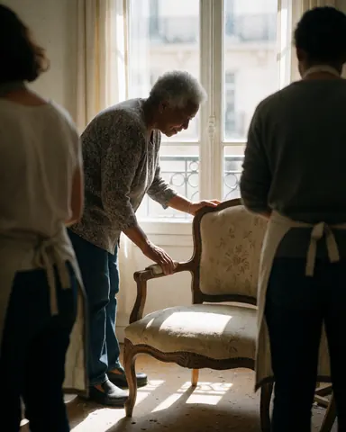 Une femme aux cheveux blancs touche une chaise vintage à tissu floral tandis que deux personnes en tablier l'observent dans une pièce baignée de lumière naturelle.