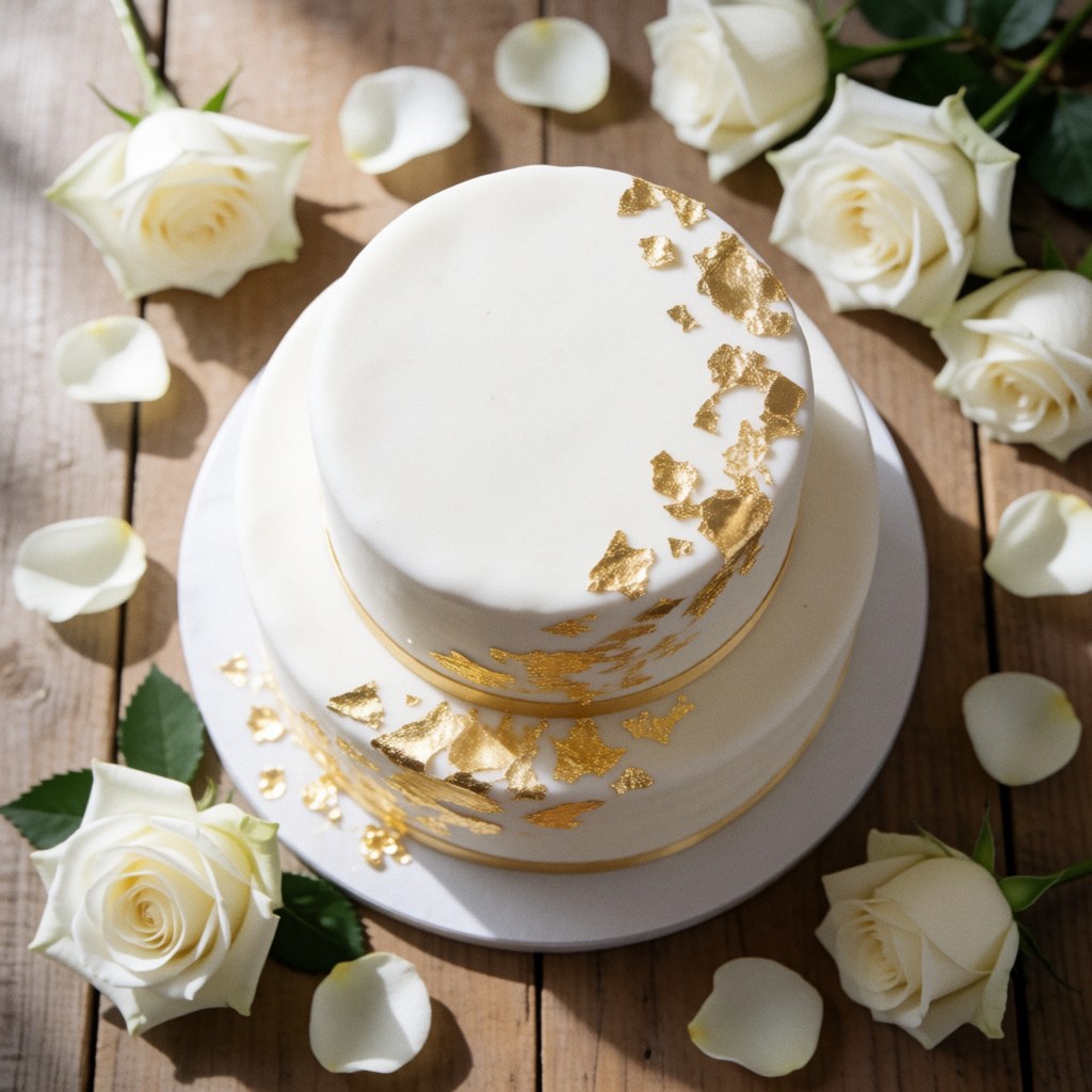 Gâteau de mariage blanc avec détails dorés, entouré de roses blanches et de pétales sur une table en bois rustique