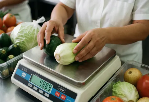 Une main pose des carottes et du courgette sur une balance numérique pour afficher leur poids lors d'une transaction commerciale.
