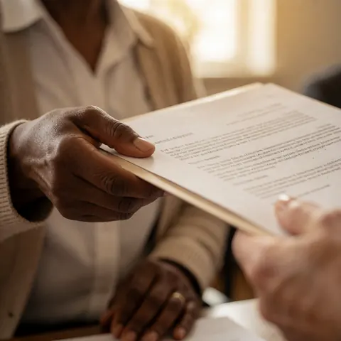 Une main féminine remet des documents à un client lors d'une interaction professionnelle, avec une illumination chaleureuse et naturelle.