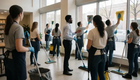 Une équipe de nettoyage travaille dans un vaste hall de bureaux, certains nettoient les fenêtres tandis que d'autres lavent le sol avec des serpillères sous une lumière naturelle et professionnelle.