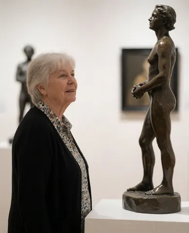 Une femme observe attentivement une sculpture en bronze dans une galerie d'art baignée d'une lumière douce sur un fond flou.