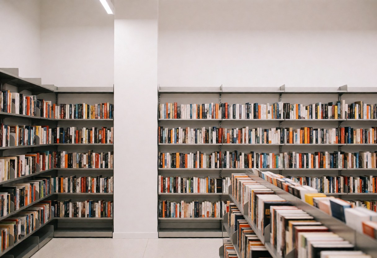 Vue intérieure d'une librairie contemporaine dotée de rayonnages métalliques chargés de livres, sur fond de murs blancs et de sol clair.