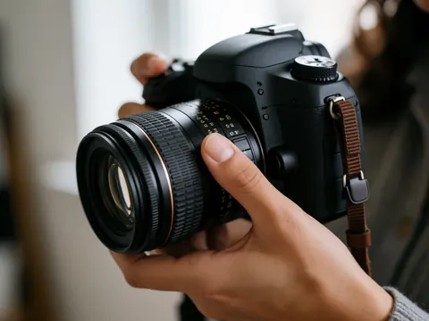 Des mains ajustent l'anneau de mise au point d'un objectif sur un boîtier DSLR professionnel, éclairé par une lumière naturelle douce avec un arrière-plan flou.