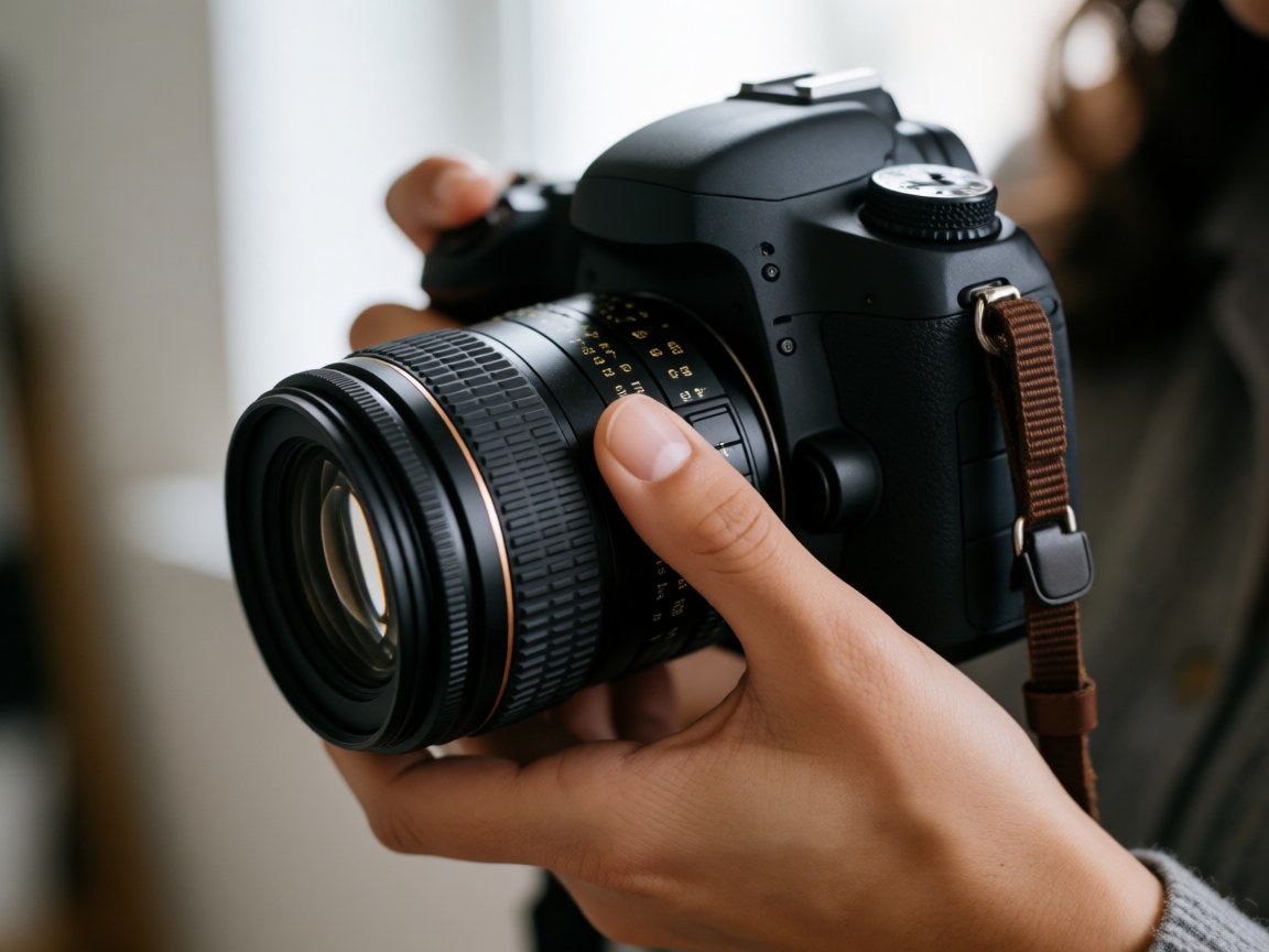 Des mains ajustent l'anneau de mise au point d'un objectif sur un boîtier DSLR professionnel, éclairé par une lumière naturelle douce avec un arrière-plan flou.