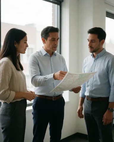 Trois professionnels en tenue décontractée analysent une carte dans un bureau éclairé par la lumière naturelle d'une fenêtre, l'un indiquant un itinéraire.
