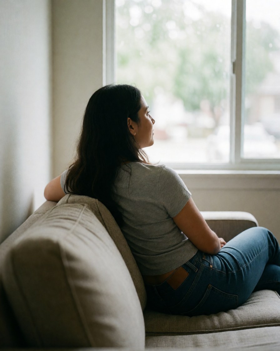Une femme au dos tourné se repose sur un nouveau canapé en contemplant une fenêtre baignée de lumière naturelle, profitant du confort intérieur.
