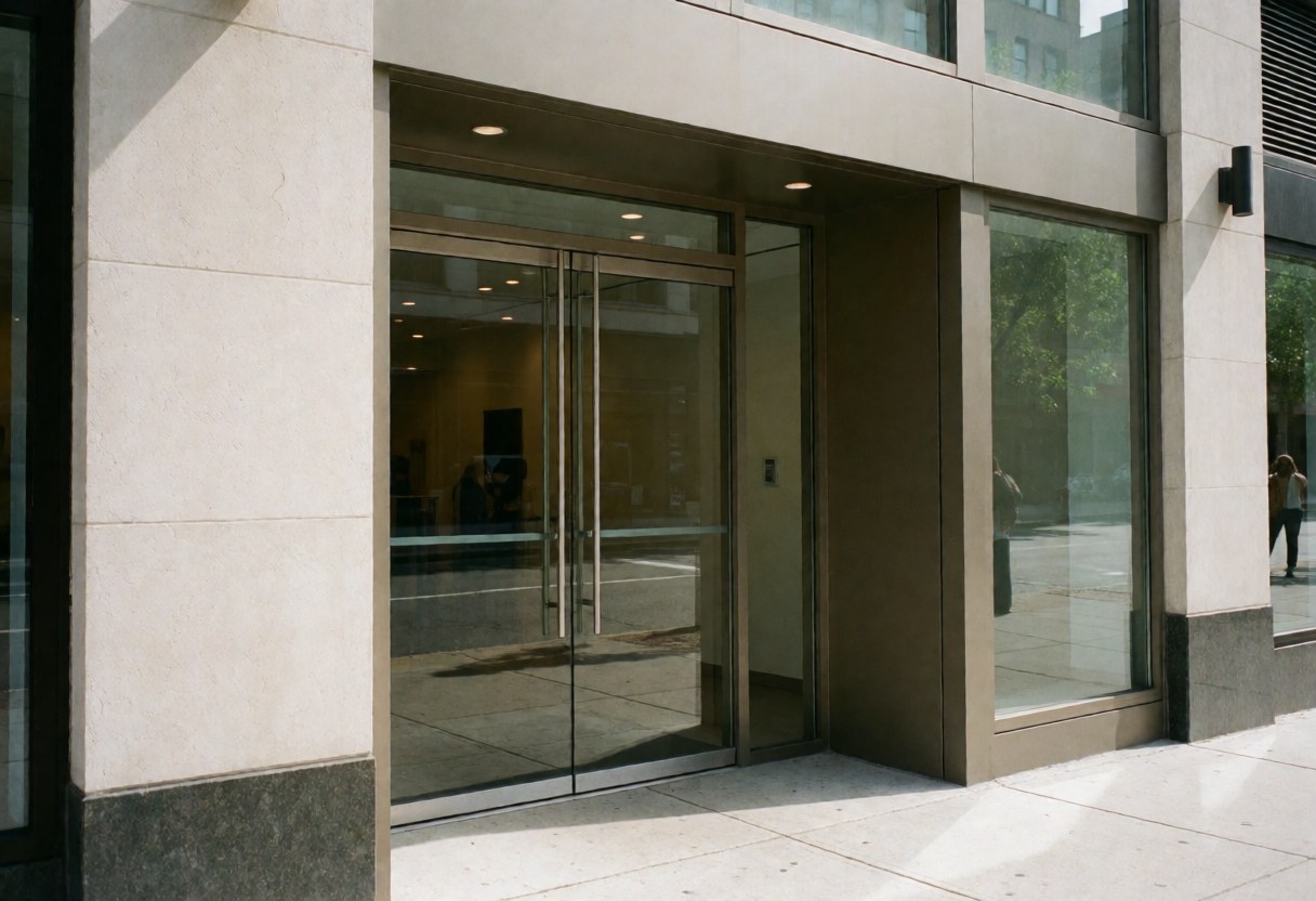 Façade moderne d'un commerce avec des portes en verre reflétant la rue, idéale pour les entreprises de climatisation.