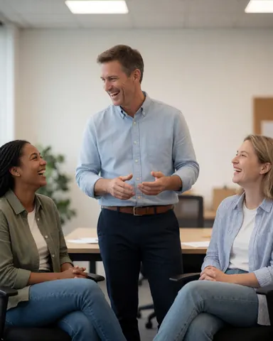 Trois collaborateurs de différents âges partagent un moment de joie et de complicité dans un bureau moderne baigné de lumière naturelle.