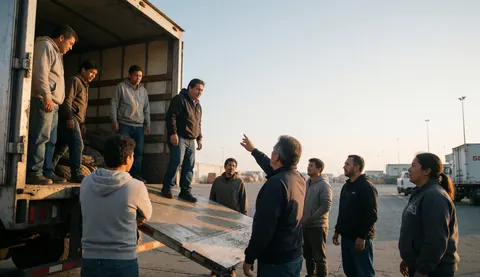 Un superviseur guide son équipe lors du chargement de marchandises sur un camion dans un port industriel au coucher du soleil.