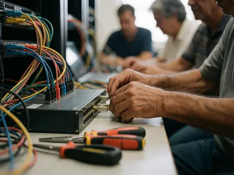 Main d'un technicien connectant des câbles sur un commutateur réseau, avec des outils et des serveurs en arrière-plan flou.