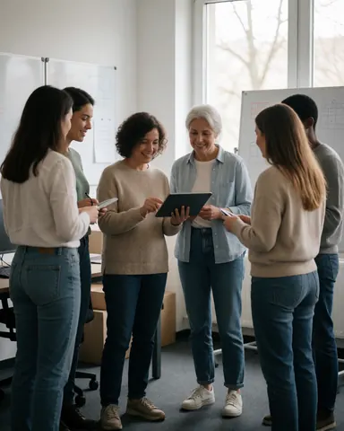 Membres d'une équipe logistique lors d'une réunion professionnelle, utilisant une tablette, des tableaux blancs et des documents dans un environnement de bureau moderne.