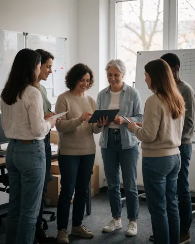 Membres d'une équipe logistique lors d'une réunion professionnelle, utilisant une tablette, des tableaux blancs et des documents dans un environnement de bureau moderne.