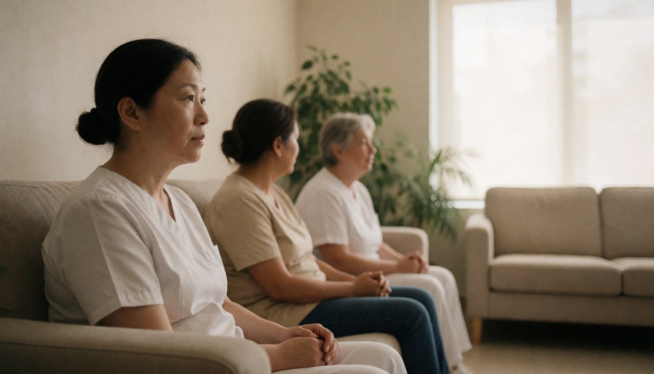 Trois femmes assises sur des canapés dans une clinique vétérinaire lumineuse avec plantes et lumière naturelle, créant une ambiance calme et professionnelle.