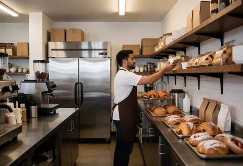 Un cafetier organise des pâtisseries sur des étagères dans une cafétéria, avec un réfrigérateur et du matériel en arrière-plan.