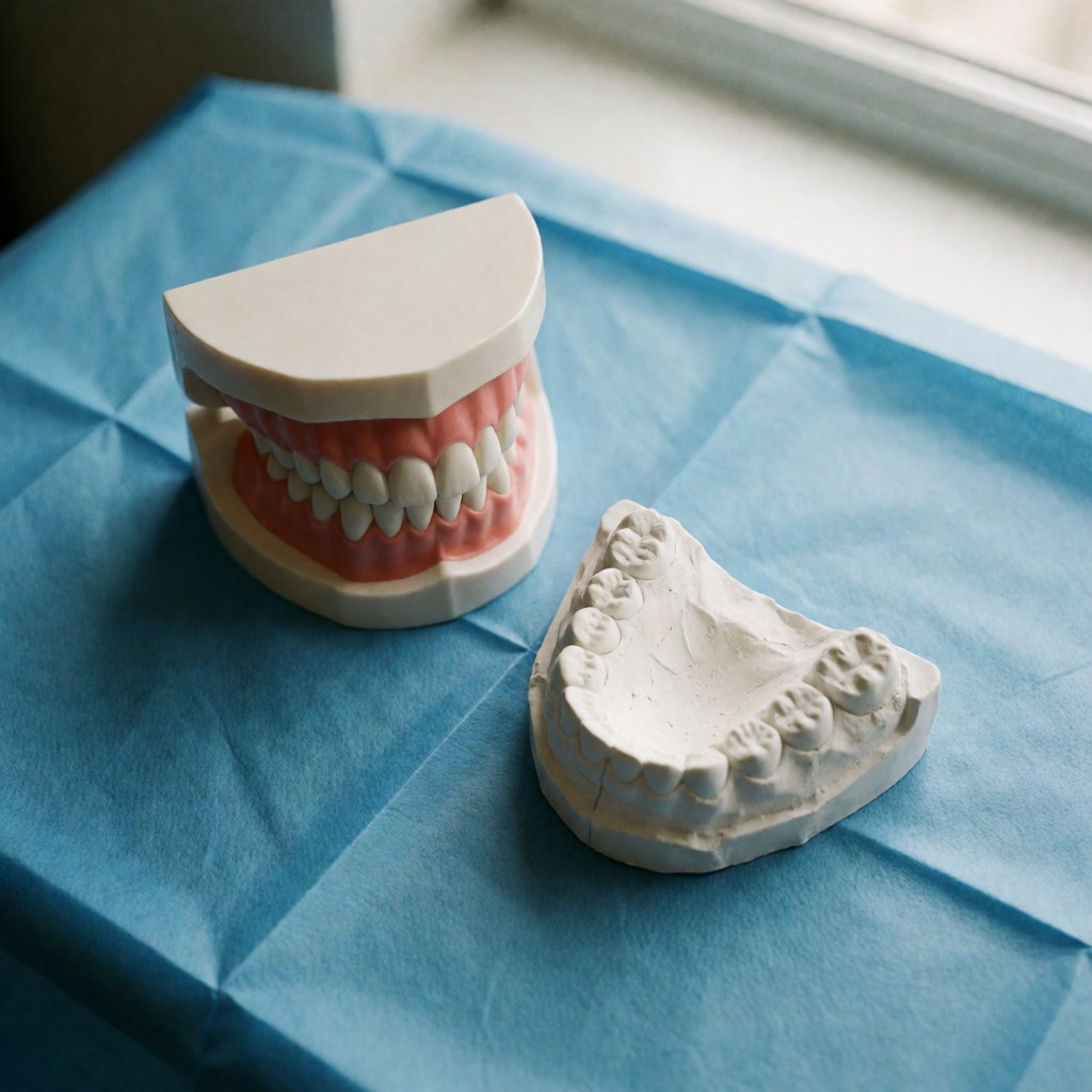 Modèle dentaire avec une dent blanche et un moule en plâtre posés sur un fond bleu, idéal pour les cliniques dentaires, propre et professionnel.