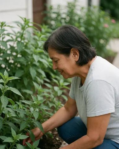 Une femme âgée aux cheveux foncés et à la chemise grise s'accroupit près de plantes vertes, souriant. Le fond montre de la végétation et un mur blanc sous lumière naturelle.