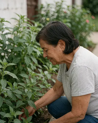 Une femme âgée aux cheveux foncés et à la chemise grise s'accroupit près de plantes vertes, souriant. Le fond montre de la végétation et un mur blanc sous lumière naturelle.