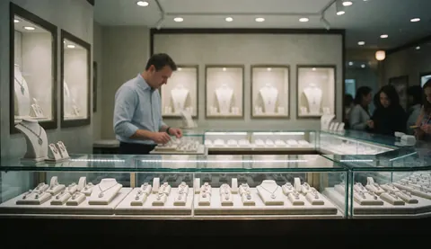 Vue intérieure d'une boutique de bijoux présentant des vitrines en verre, des parures et du personnel professionnel servant des clients dans un cadre élégant.