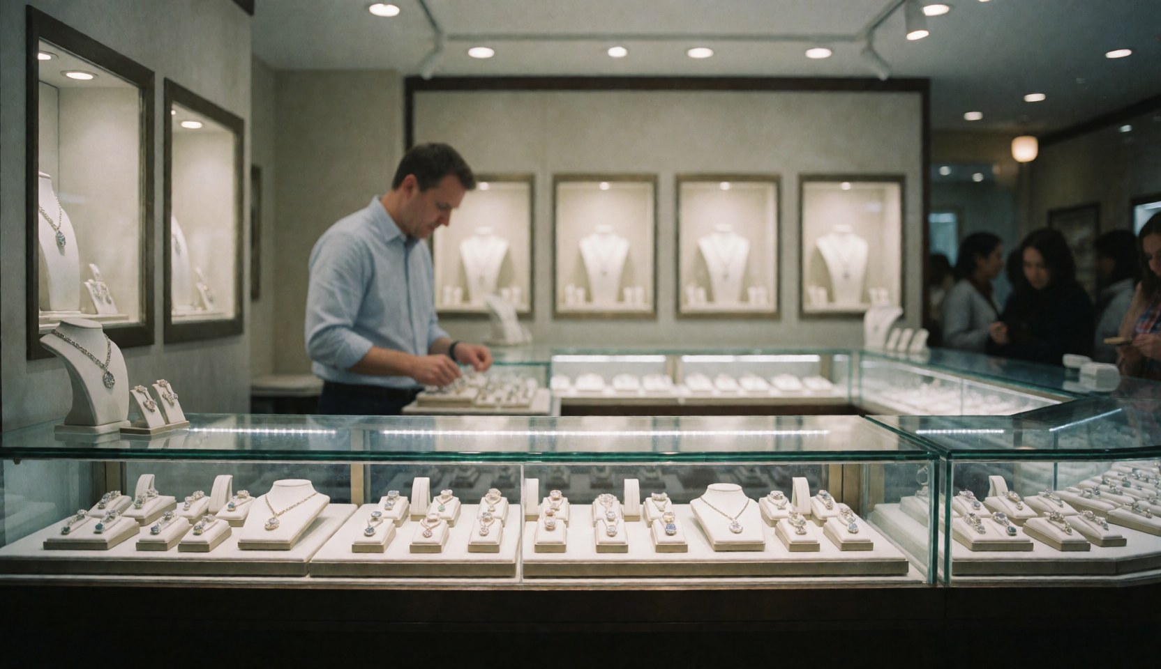 Vue intérieure d'une boutique de bijoux présentant des vitrines en verre, des parures et du personnel professionnel servant des clients dans un cadre élégant.