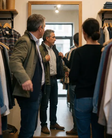 Un homme âgé se regarde dans un miroir pour essayer une veste, entouré de cintres et d'un éclairage chaleureux.