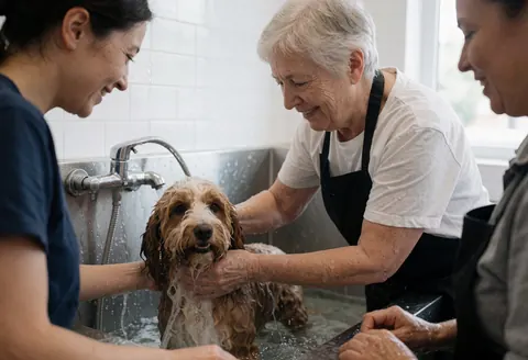 Une femme âgée et deux jeunes femmes lavent un chien dans une baignoire de toilettage canin avec soin et professionnalisme.