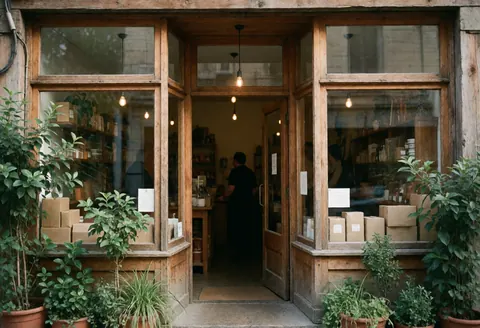 Façade en bois d'un café avec grandes fenêtres et plantes vertes en pot créant une ambiance naturelle et accueillante.