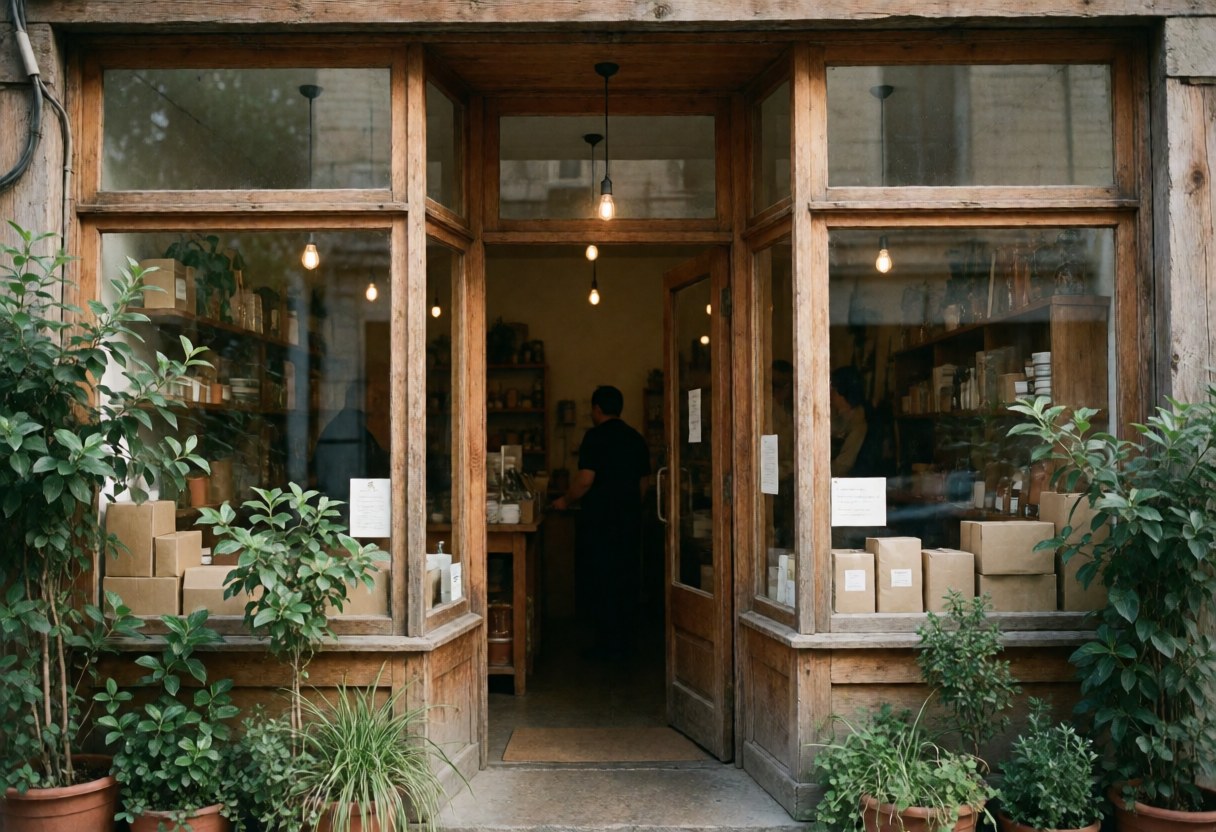 Façade en bois d'un café avec grandes fenêtres et plantes vertes en pot créant une ambiance naturelle et accueillante.