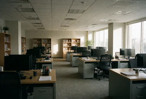Bureau bancaire moderne et vide, équipé de bureaux, ordinateurs, étagères et éclairé par la lumière naturelle entrant par les fenêtres, offrant un environnement professionnel et épuré.