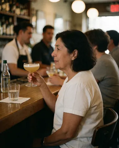 Une femme âgée profite d'un cocktail dans un bar à l'ambiance chaleureuse, assise au comptoir avec des personnes en arrière-plan et des lumières douces.