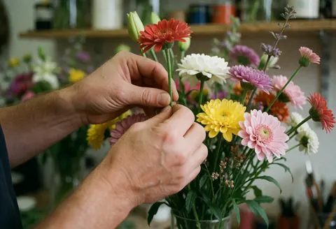 Main d'un homme disposant un bouquet de fleurs colorées dans un vase, éclairage naturel et arrière-plan flou d'atelier.