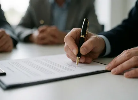 Personne signant un contrat avec un stylo noir, mains en gros plan, fond flou, ambiance professionnelle.