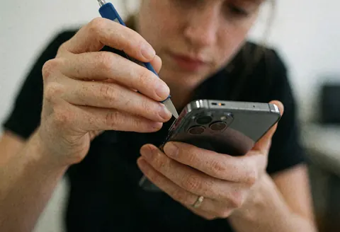 Jeune femme utilisant un outil de précision pour réparer un smartphone sur fond flou, image réaliste adaptée aux services technologiques.