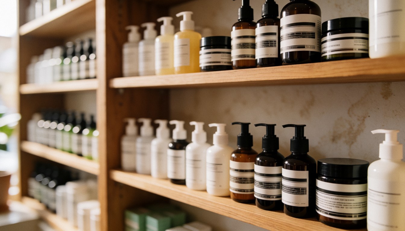 Étagère en bois contenant des soins de la peau, des bouteilles et des pots avec étiquettes blanches et noires, sur fond flou et lumière naturelle.