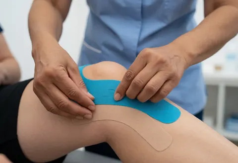 Un professionnel de santé applique un bandage élastique sur le genou d'un patient dans un cabinet médical lumineux au fond flou.