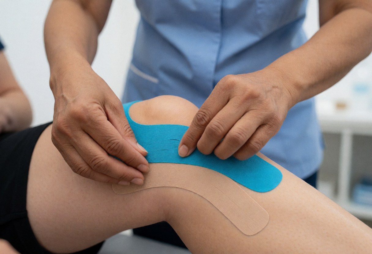 Un professionnel de santé applique un bandage élastique sur le genou d'un patient dans un cabinet médical lumineux au fond flou.