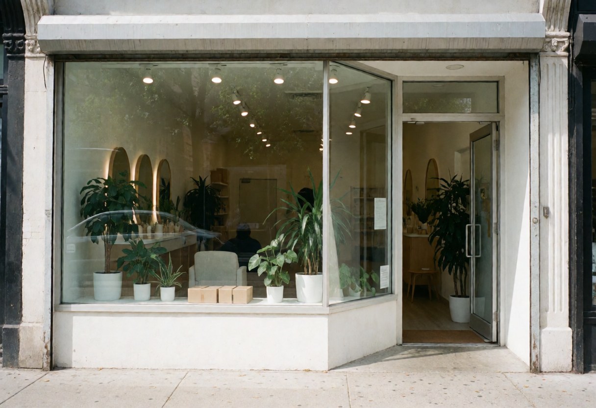 Façade de salon de coiffure avec grandes baies vitrées, plantes vertes et porte d'entrée. Intérieur lumineux et accueillant pour les clients.