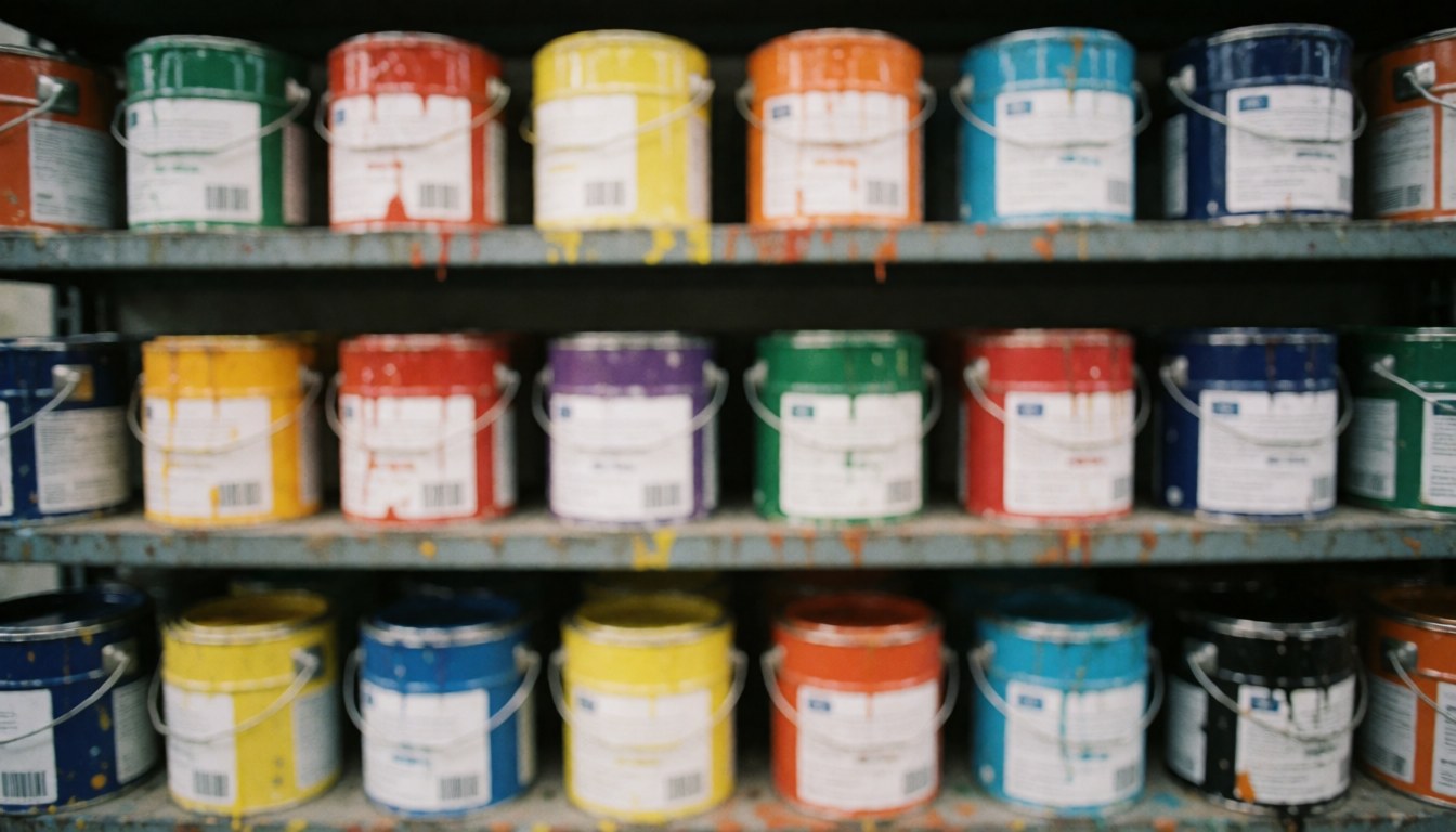 Arrière-plan de pots de peinture colorés sur une étagère métallique, flou artistique idéal pour superposer du texte dans un contexte industriel.