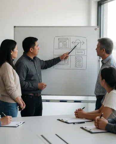 Un formateur explique un schéma sur un tableau blanc à trois collègues attentifs dans une salle moderne.
