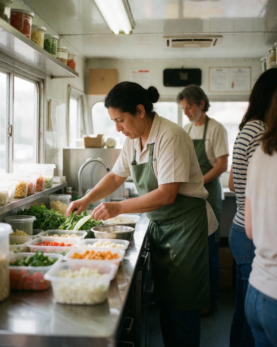 Une femme cuisinière prépare des légumes frais dans un food truck organisé, entourée de collaborateurs et clients sous lumière naturelle.