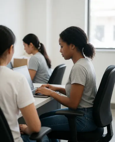 Une femme travaille sur un ordinateur portable dans un environnement professionnel avec d'autres collègues autour.