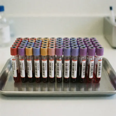 Plusieurs tubes à sang étiquetés avec codes-barres, rangés dans un plateau métallique au sein d'un laboratoire clinique.